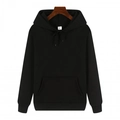 Heavyweight black fleece hoodie with drawstring hood and kangaroo pocket on wooden hanger - Black