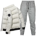Men's winter warm stand collar jacket and grey jogger pants set in flat lay view - S / Top And Bottom / White Jacket With Light Gray Pants