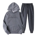 Dark grey tracksuit with hoodie and sweatpants featuring heartbeat graphic print - S / Top And Bottom / Dark Gray (Black Print)