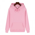 Pink heavy fleece hoodie with front kangaroo pocket and adjustable drawstrings on a hanger - Pink