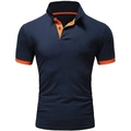 Men's slim fit navy blue polo shirt with orange contrast trim on collar and sleeves - Navy Blue