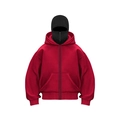 Detail of dark red heavy oversized zip hoodie with black balaclava hood and fleece texture - Red With Black Hood
