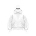 Detail of white full-zip hoodie featuring an integrated balaclava mask and kangaroo pocket - White