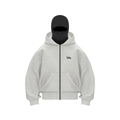 Close-up of light grey zip-up hoodie featuring a unique double hood and black mask detail - Light Grey with Black Hood