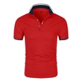 Détail du col d'un polo rouge avec bordures rayées bleu marine et blanc et boutons - M / Rouge