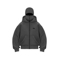 Detail of street style hoodie featuring built-in balaclava mask and chest graphic - 3XL / Gray