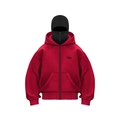 Detail view of red zip-up hoodie with black balaclava headwear and chest logo - 3XL / Red