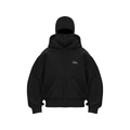Detail of black hoodie featuring integrated balaclava mask and monster logo print - Black