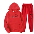 Detail of red hoodie and joggers set featuring black heart rate and heart pattern print - Red with Black Letters
