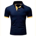 Slim fit men's navy blue polo shirt with contrasting yellow collar and sleeve trim - Navy + Yellow