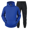 Close-up of drawstring waist on black joggers and M-size label on royal blue hoodie set - Royal Blue + Black Pants