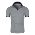 Light gray short sleeve men's Polo shirt with navy blue and white striped collars - Gray