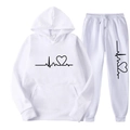 Detail of heart line graphic print on white hoodie tracksuit set for men and women - White