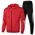 Detail of red hooded sports jacket and black joggers with white stripe trim - Red
