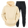 Unisex beige hooded sweatshirt with front pocket and black jogger pants in a tracksuit set - Khaki Top With Black Pants