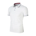 Close-up of polo shirt collar with red, white and blue stripes and dark blue placket - White