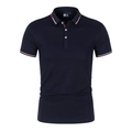 Detail of navy Polo shirt with striped collar and sleeve trim and white buttons - Dark Blue