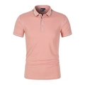 Men's peach pink short sleeve Polo shirt with black and white striped ribbed collar - Pink