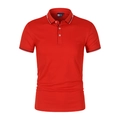 Detail of red Polo shirt collar with blue-white stripes and three white buttons - Red