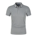 Grey men's polo shirt with blue and white striped collar and sleeve details - S / Gray