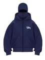 Navy blue zip-up hoodie featuring a unique double hood balaclava design and chest logo - Navy Blue