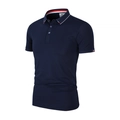 Polo homme bleu marine en soie glacée avec passepoil blanc et détails tricolores - Bleu foncé