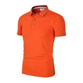 Polo homme cintré en soie glacée orange vif avec détails de rayures tricolores - Rouge Orangé