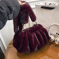Fuzzy burgundy faux fur bucket bag with pleated design and golden metal hooks - Burgundy