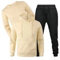 Men's 3-piece tracksuit set with beige sweatshirt, hoodie and black fleece joggers - Khaki Top with Black Pants