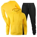 Three-piece men's fleece tracksuit set with bright yellow sweatshirt and black joggers - Yellow Top with Black Pants
