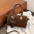 Brown suede mini Boston bag with dark leather trim and bow detail in a vintage style - Brown