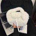 Minimalist white faux fur handbag with leather drawstring and shoulder strap for autumn - Off White