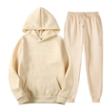 Beige fleece hooded tracksuit for men and women featuring a white heartbeat pattern - S / Top And Bottom / Khaki