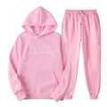 Pink fleece hoodie and joggers set featuring white heart electrocardiogram print for men - S / Top And Bottom / Pink