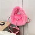 Bright pink faux fur plush handbag with adjustable leather strap and top handle - Pink