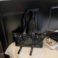 Large black glossy tote bag with silver eyelets and adjustable strap in punk style - Small / Black