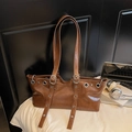 Dark brown retro PU leather tote bag with silver eyelets and long shoulder strap - Small / Brown