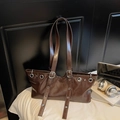 Dark brown vintage hobo bag with silver eyelets and adjustable long handles - Small / Coffee