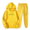 Bright yellow fleece tracksuit with heart heartbeat graphic on hoodie and sweatpants - S / Top And Bottom / Yellow (Black Logo)