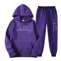 Deep purple fleece hooded tracksuit set featuring heart rate graphic print - S / Top And Bottom / Purple