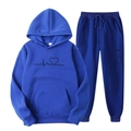 Navy blue fleece tracksuit featuring a minimalist heart rate graphic on hoodie and joggers - S / Top And Bottom (Black Logo) / Sapphire Blue