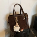 Dark coffee faux shearling tote bag with leather trim and cute gnome keychain charm - Coffee (With Pendant)