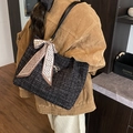 Classic black tweed tote bag with a decorative silk scarf and black leather shoulder strap - Black