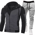 Men's slim fit two-piece tracksuit featuring black and grey hooded sweatshirt and joggers - Black Top + Black Waist Gray Pants