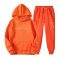 Bright orange fleece tracksuit featuring a white heart EKG hoodie and jogger pants set - S / Top And Bottom / Orange Red
