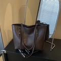 Large dark brown minimalist tote bag in retro faux leather with vintage gold rivets - Brown