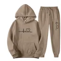 Men's khaki fleece hoodie set with black heart-shaped ECG graphic print on chest and pants - S / Top And Bottom / Camel