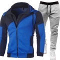 Men's slim fit two-piece tracksuit with blue and black color-block hoodie and grey pants - Blue Top + Black Waist Gray Pants