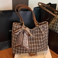 Retro checkered tote bag with brown leather handles and decorative silk ribbon bow - Khaki