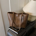 Large dark brown tote bag in vintage faux leather with slender shoulder straps - Brown